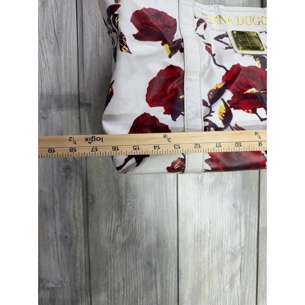 Ieena Duggal White Red Rose Floral Tote Bag Large Gold Hardware Shoulder Bag